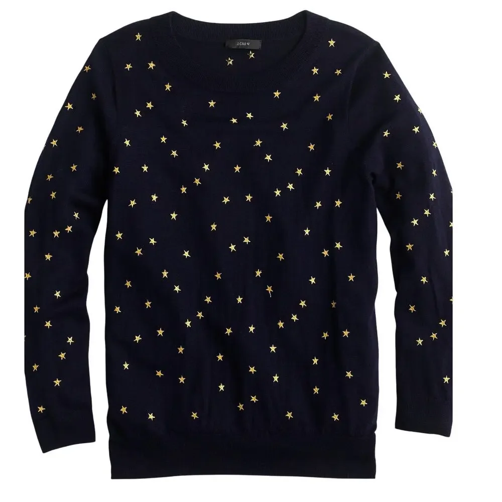 J.Crew Tippi Merino Wool Sweater Embroidered Gold Stars Navy Size Small